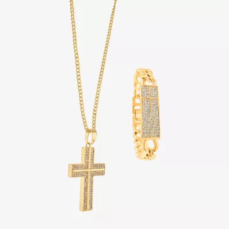 Mens White Venetian Glass Stainless Steel Cross 2-pc. Jewelry Set
