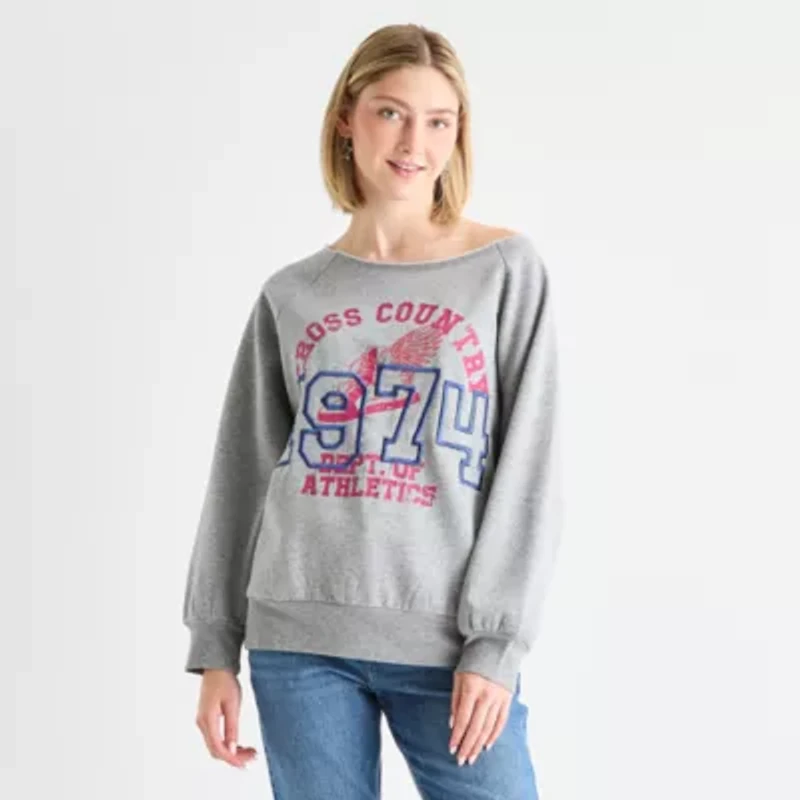 Arizona Off The Shoulder Womens Juniors Crew Neck Long Sleeve Sweatshirt
