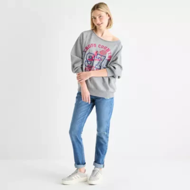 Arizona Off The Shoulder Womens Juniors Crew Neck Long Sleeve Sweatshirt