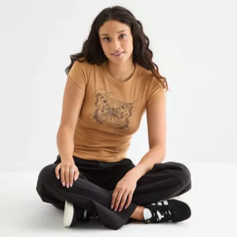 Arizona Womens Crew Neck Short Sleeve Juniors Graphic T-Shirt