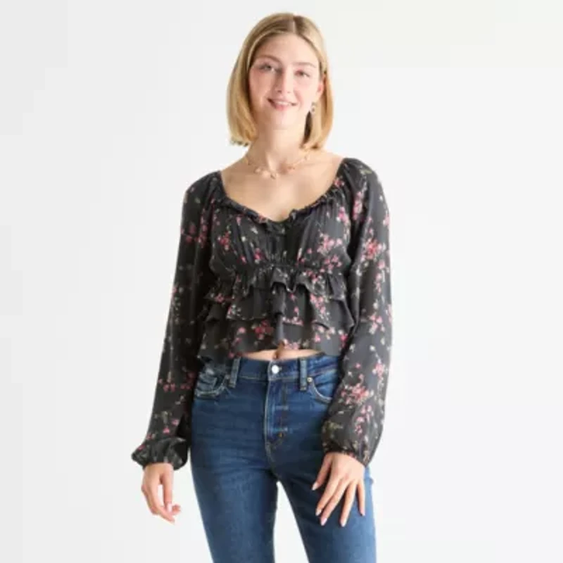 Arizona Juniors Womens U Neck Long Sleeve Blouse