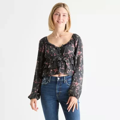 Arizona Juniors Womens U Neck Long Sleeve Blouse