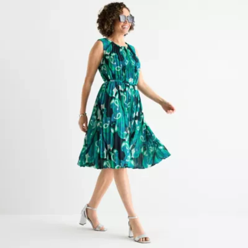 Liz Claiborne Womens Short Sleeve Midi Paisley A-Line Dress