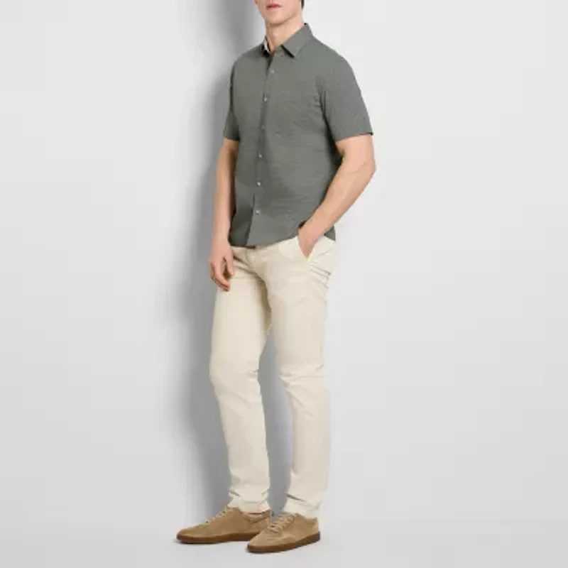 Van Heusen Everyday Defense Stain Shield Mens Short Sleeve Slim Fit Stretch Fabric Wrinkle Free Button-Down Shirt