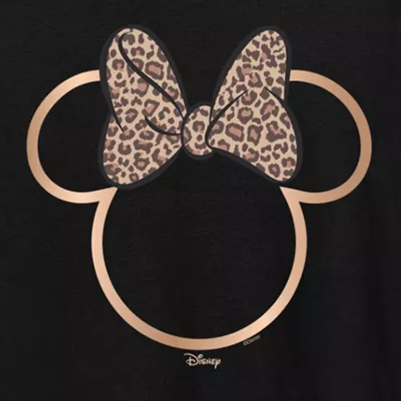 Leopard Print Bow Womens Plus Crew Neck Short Sleeve Regular Fit Minnie Mouse Graphic T-Shirt