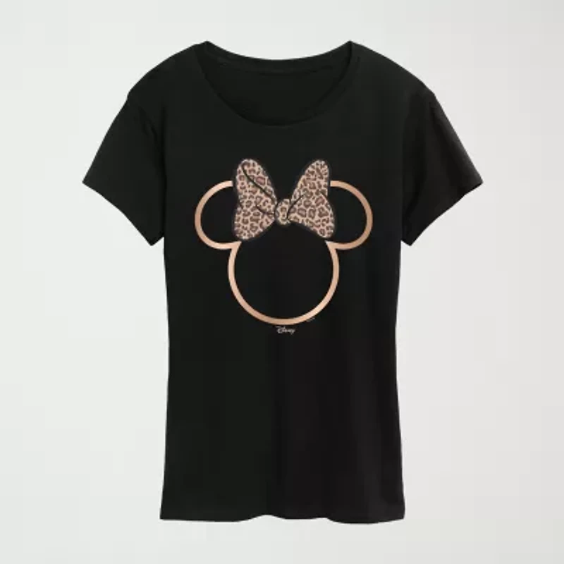 Leopard Print Bow Womens Plus Crew Neck Short Sleeve Regular Fit Minnie Mouse Graphic T-Shirt