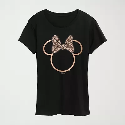 Leopard Print Bow Womens Plus Crew Neck Short Sleeve Regular Fit Minnie Mouse Graphic T-Shirt