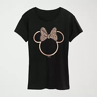 Leopard Print Bow Womens Plus Crew Neck Short Sleeve Regular Fit Minnie Mouse Graphic T-Shirt