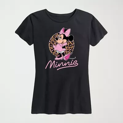 Leopard Print Womens Plus Crew Neck Short Sleeve Regular Fit Minnie Mouse Graphic T-Shirt