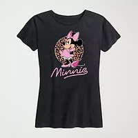 Leopard Print Womens Plus Crew Neck Short Sleeve Regular Fit Minnie Mouse Graphic T-Shirt