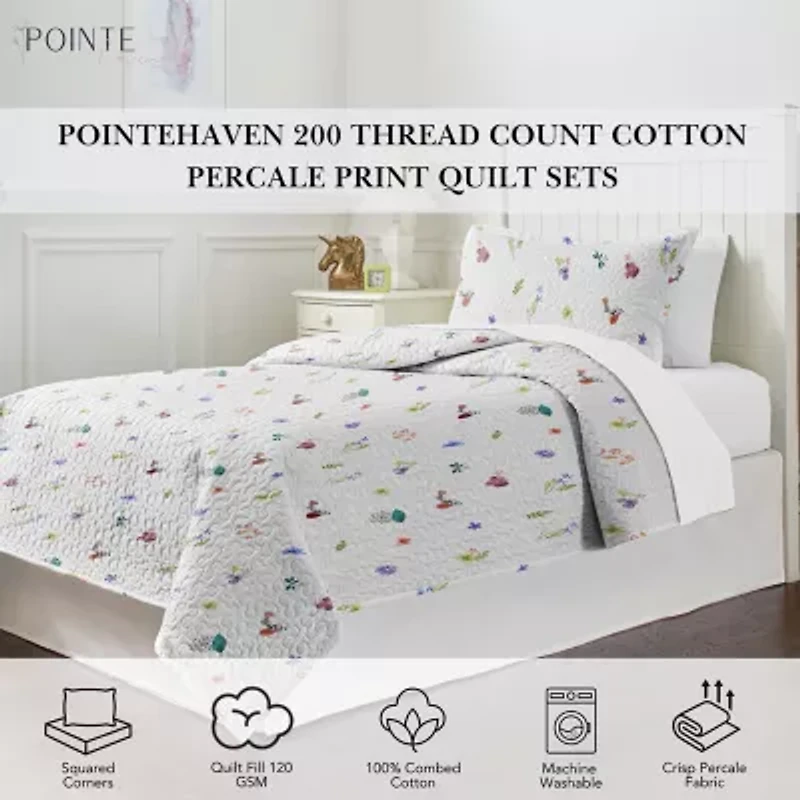 Pointehaven Percale Printed Scroll Design Reversible Quilt Set