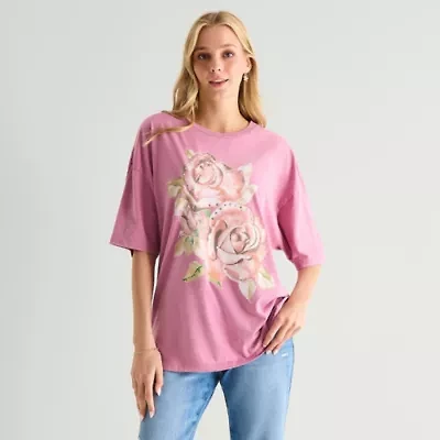 Roses Oversized Tee Womens Juniors Crew Neck Short Sleeve Graphic T-Shirt