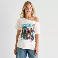 Bsb Off Shoulder Womens Juniors Boat Neck Short Sleeve Loose Fit Graphic T-Shirt