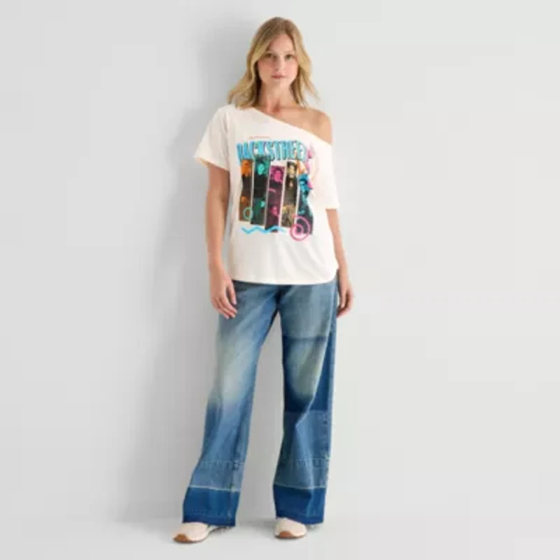 Bsb Off Shoulder Womens Juniors Boat Neck Short Sleeve Loose Fit Graphic T-Shirt