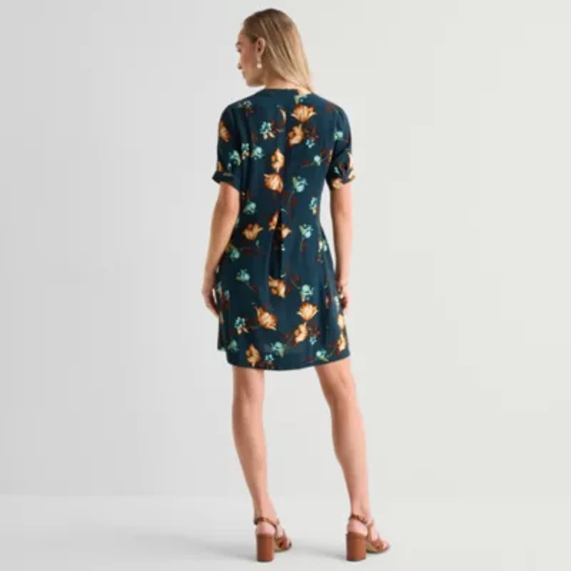 Be by CHETTA B Womens Notch Neck Short Sleeve Floral Shift Dress