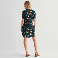 Be by CHETTA B Womens Notch Neck Short Sleeve Floral Shift Dress