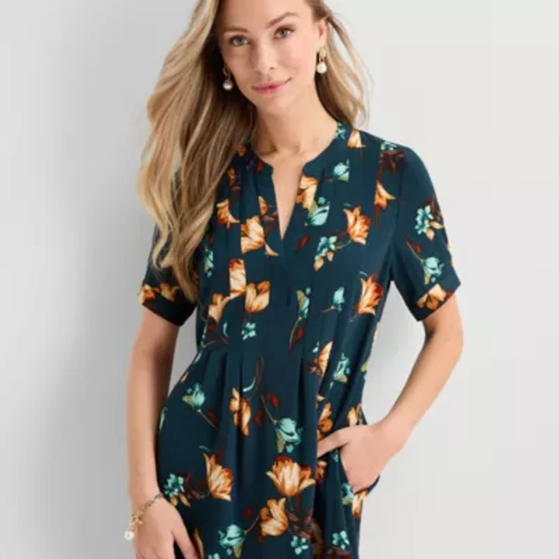 Be by CHETTA B Womens Notch Neck Short Sleeve Floral Shift Dress