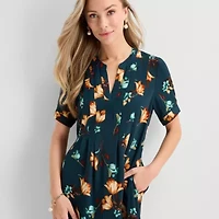 Be by CHETTA B Womens Notch Neck Short Sleeve Floral Shift Dress