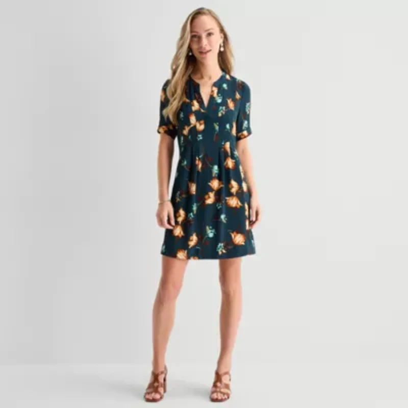 Be by CHETTA B Womens Notch Neck Short Sleeve Floral Shift Dress