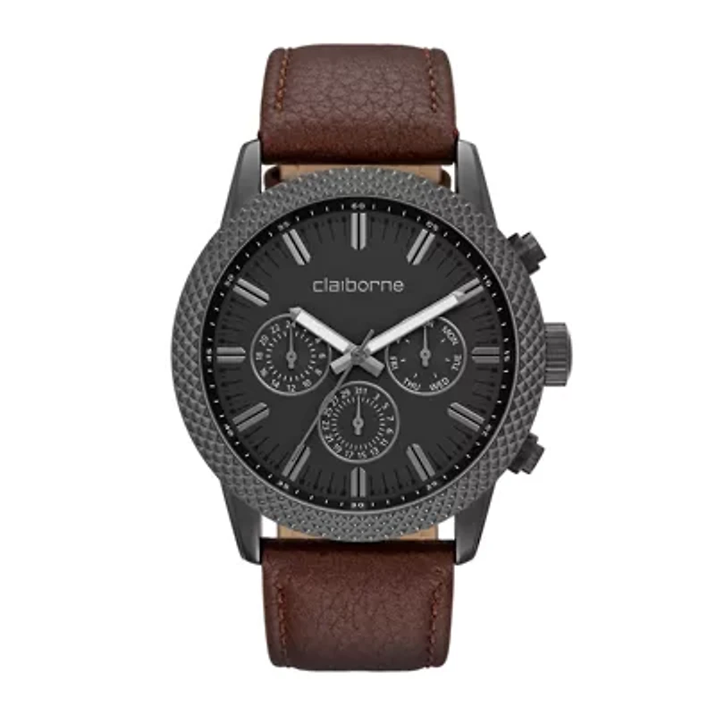 Claiborne® Mens Brown Textured Bezel Leather Strap Watch