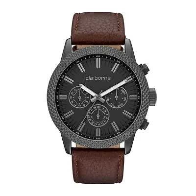 Claiborne® Mens Brown Textured Bezel Leather Strap Watch