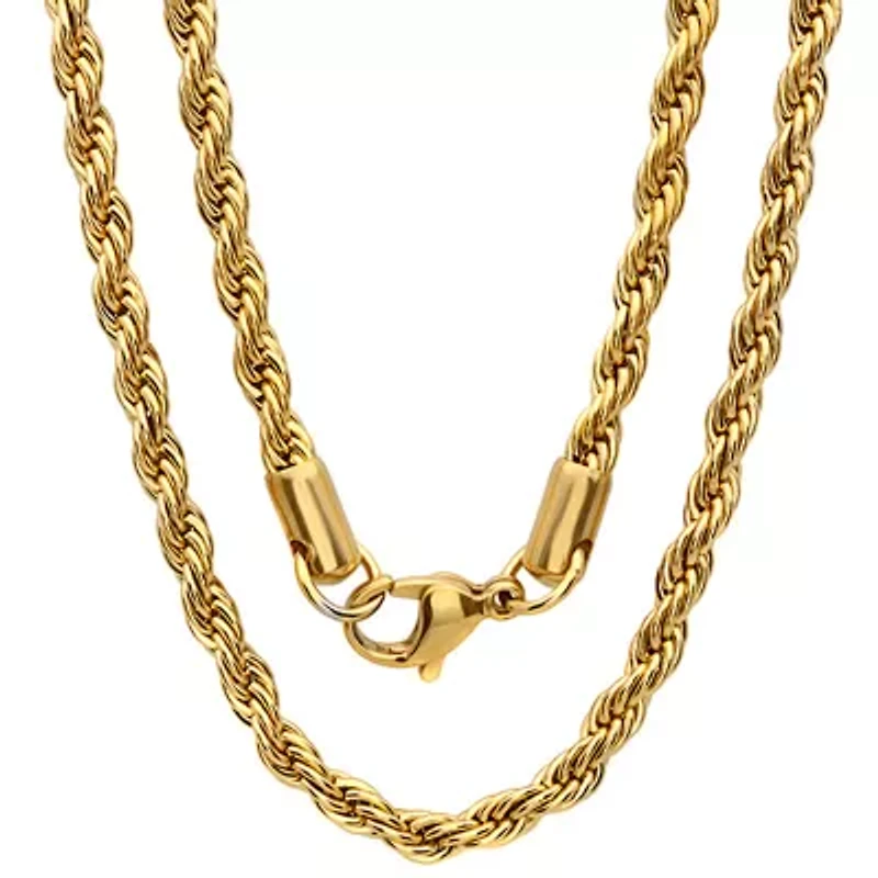 Steeltime Mens 18K Gold Over Stainless Steel Stainless Steel Hypoallergenic 24 Inch Rope Chain Necklace