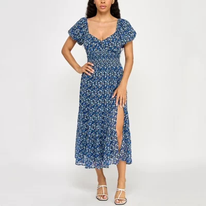 Trixxi Womens Juniors Short Sleeve Floral Midi Fit + Flare Dress