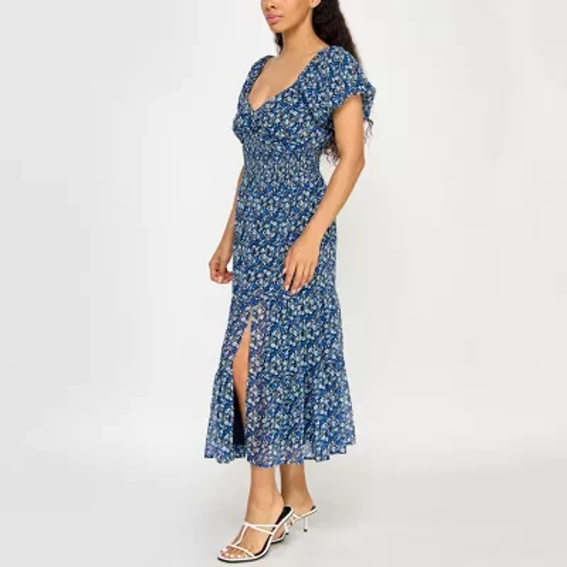 Trixxi Womens Juniors Short Sleeve Floral Midi Fit + Flare Dress