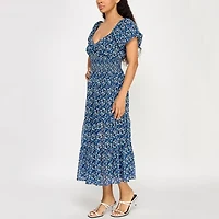 Trixxi Womens Juniors Short Sleeve Floral Midi Fit + Flare Dress