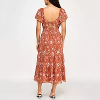 Trixxi Womens Juniors Short Sleeve Floral Midi Fit + Flare Dress