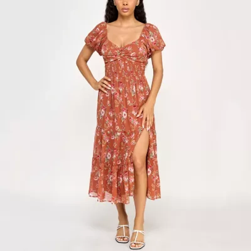 Trixxi Womens Short Sleeve Floral Midi Juniors Fit + Flare Dress