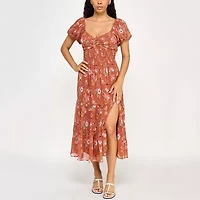 Trixxi Womens Short Sleeve Floral Midi Fit + Flare Dress Juniors