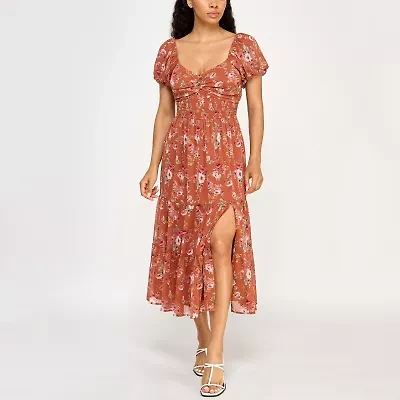 Trixxi Womens Short Sleeve Floral Midi Fit + Flare Dress Juniors
