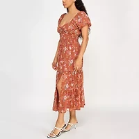 Trixxi Womens Juniors Short Sleeve Floral Midi Fit + Flare Dress