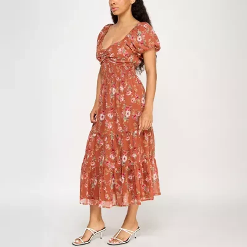 Trixxi Womens Juniors Short Sleeve Floral Midi Fit + Flare Dress