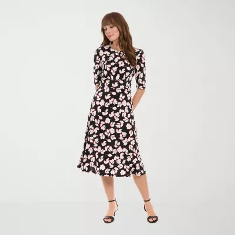 London Times Womens 3/4 Sleeve Floral Midi Fit + Flare Dress