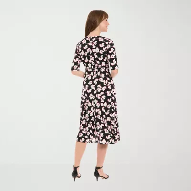 London Times Womens 3/4 Sleeve Floral Midi Fit + Flare Dress