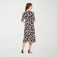 London Times Womens 3/4 Sleeve Floral Midi Fit + Flare Dress