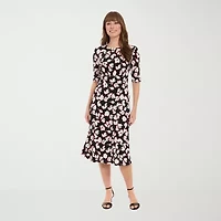 London Times Womens 3/4 Sleeve Floral Midi Fit + Flare Dress