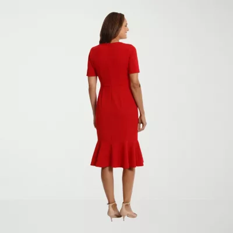 London Times Womens Short Sleeve Midi Fit + Flare Dress