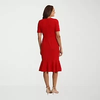 London Times Womens Short Sleeve Midi Fit + Flare Dress