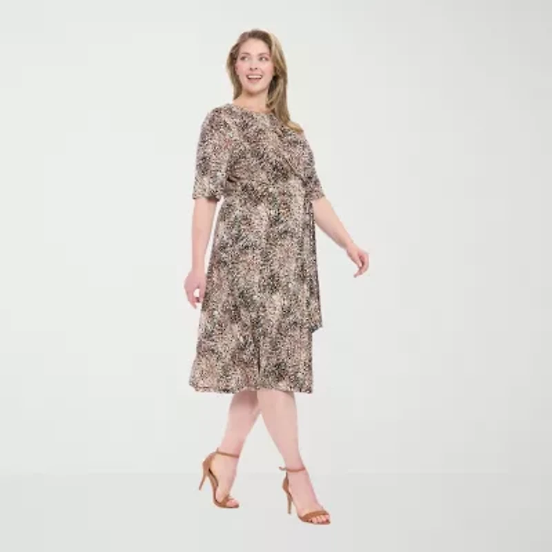 London Style Womens 3/4 Sleeve Leaf Plus Fit + Flare Dress