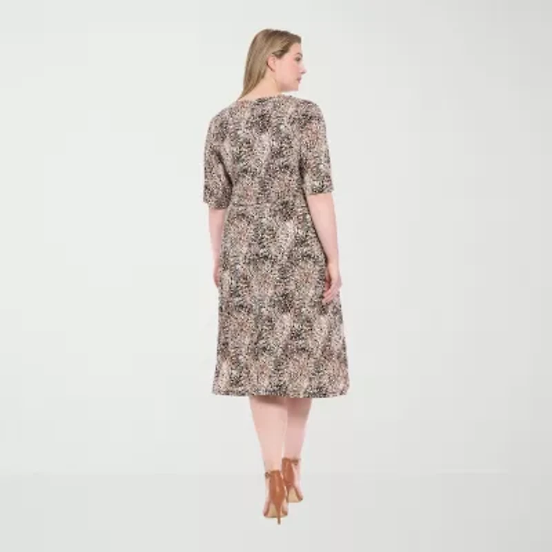 London Style Womens 3/4 Sleeve Leaf Plus Fit + Flare Dress