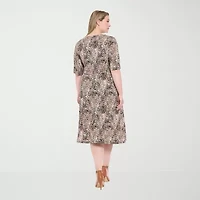 London Style Womens 3/4 Sleeve Leaf Plus Fit + Flare Dress