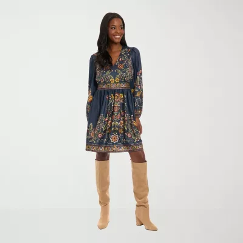 London Style Womens Long Sleeve Floral Petite Fit + Flare Dress