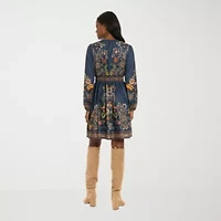 London Style Womens Long Sleeve Floral Petite Fit + Flare Dress