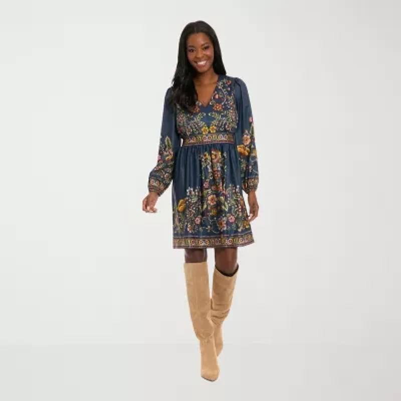 London Style Womens Long Sleeve Floral Petite Fit + Flare Dress