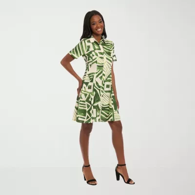 London Times Womens Short Sleeve Striped Petite Fit + Flare Dress