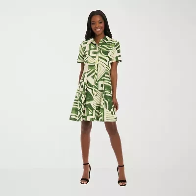 London Times Womens Short Sleeve Striped Fit + Flare Dress Petite
