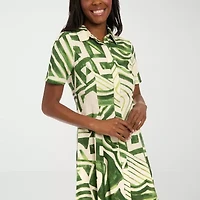 London Times Womens Short Sleeve Striped Petite Fit + Flare Dress